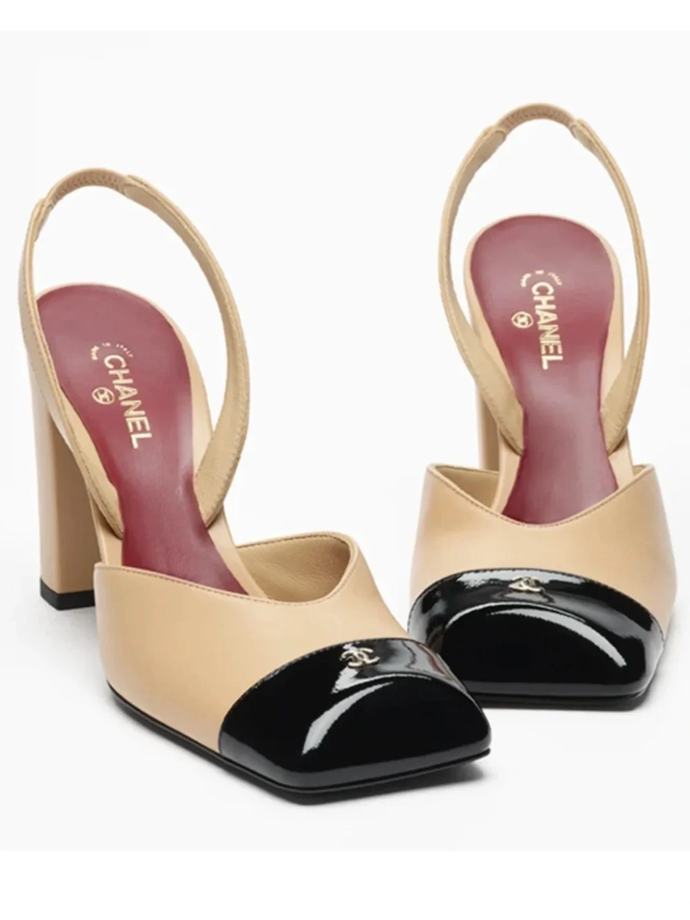Chanel 26S Blazy Beige Black Square Toe Sling CC Slingback Block Heel Pump 40 - Picture 3 of 16